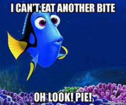 Dory the blue fish with yellow fins "I can't eat another bite....Oh look! Pie!"